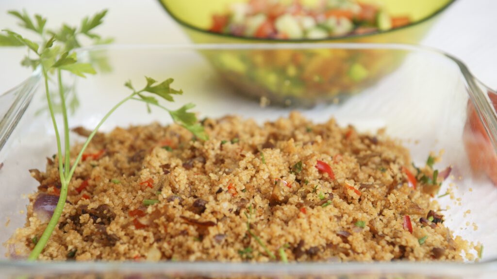 Fried spelt couscous with oyster mushrooms and hot sauce 1